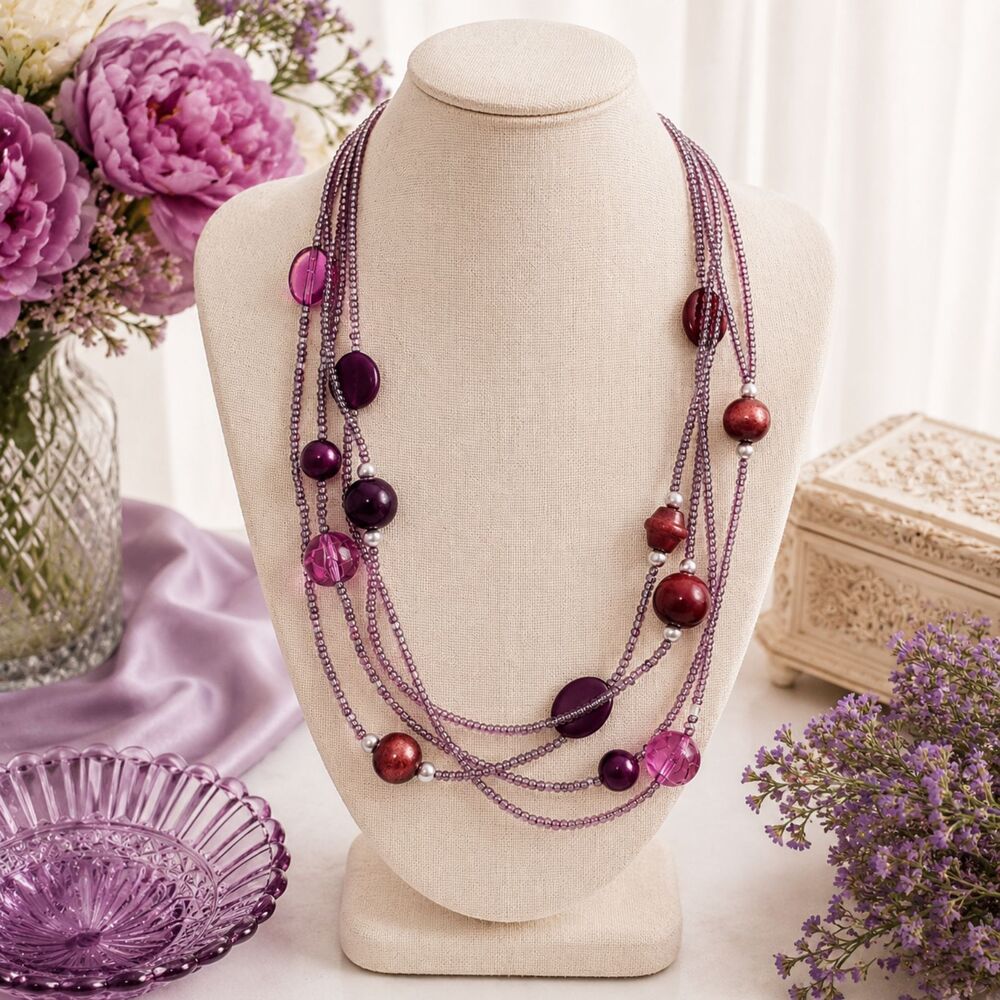 Purple Iridescent Seed Bead Multi Strand Necklace Large Bead Stations 16"